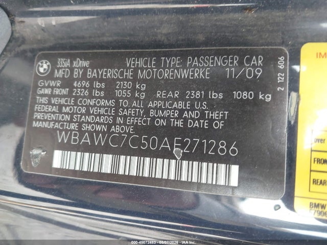 Aukcja sprzedaży 2010 Bmw 335i Xdrive, vin: WBAWC7C50AE271286, numer aukcji: 45072483