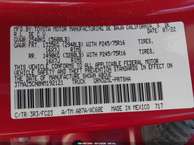2022 Toyota Tacoma Sr5 V6 მანქანა იყიდება აუქციონზე, vin: 3TMAZ5CN0NM192121, აუქციონის ნომერი: 45072484