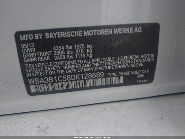 2013 Bmw 320i მანქანა იყიდება აუქციონზე, vin: WBA3B1C58DK128689, აუქციონის ნომერი: 45072488
