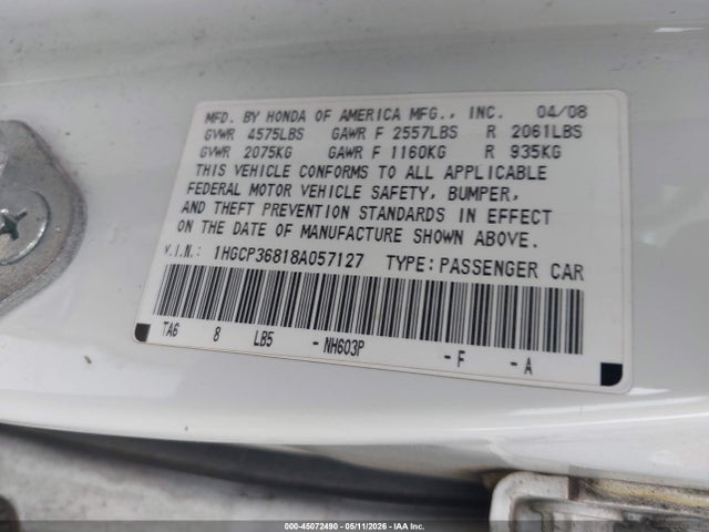 Aukcja sprzedaży 2008 Honda Accord 3.5 Ex-l, vin: 1HGCP36818A057127, numer aukcji: 45072490
