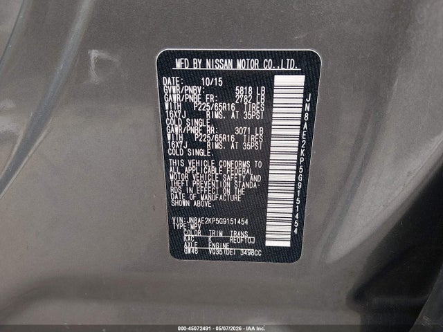 JN8AE2KP5G9151454 Nissan Quest Sv