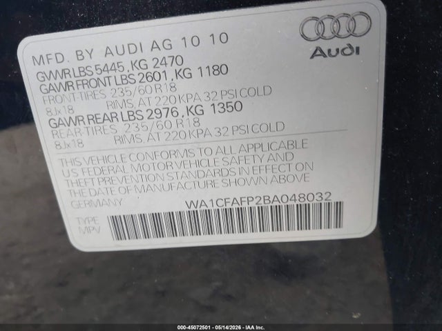 Продажа на аукционе авто 2011 Audi Q5 2.0t Premium, vin: WA1CFAFP2BA048032, номер лота: 45072501