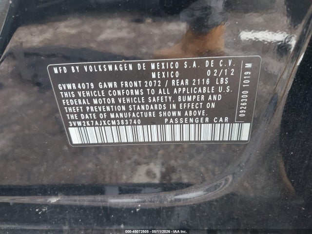 Продаж на аукціоні авто 2012 Volkswagen Jetta 2.0l S, vin: 3VW2K7AJXCM383740, номер лоту: 45072505
