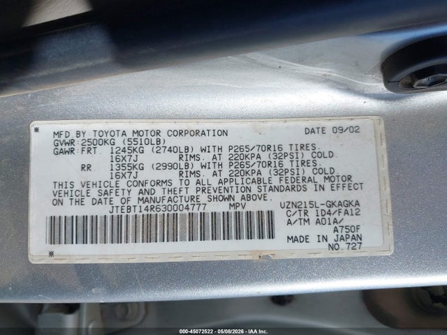 Aukcja sprzedaży 2003 Toyota 4runner Sr5 V8, vin: JTEBT14R630004777, numer aukcji: 45072522