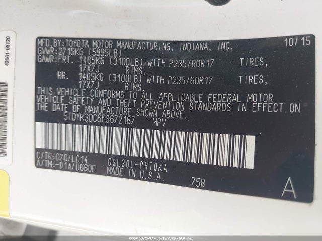 Продажа на аукционе авто 2015 Toyota Sienna Xle 8 Passenger, vin: 5TDYK3DC6FS672167, номер лота: 45072537