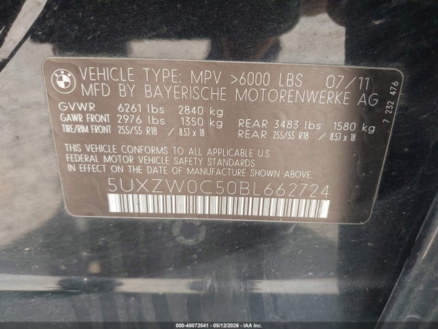 Aukcja sprzedaży 2011 Bmw X5 Xdrive35d, vin: 5UXZW0C50BL662724, numer aukcji: 45072541
