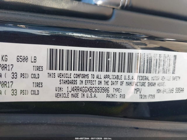 45072544 :رقم المزاد ، 1J4RR4GGXBC693906 vin ، 2011 Jeep Grand Cherokee Laredo مزاد بيع