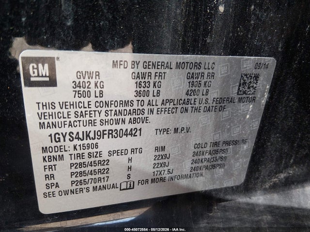 2015 Cadillac Escalade Esv Premium მანქანა იყიდება აუქციონზე, vin: 1GYS4JKJ9FR304421, აუქციონის ნომერი: 45072554