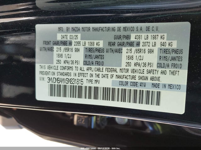 45072558 :رقم المزاد ، 3MVDMBAMXSM831815 vin ، 2025 Mazda Cx-30 2.5 S مزاد بيع