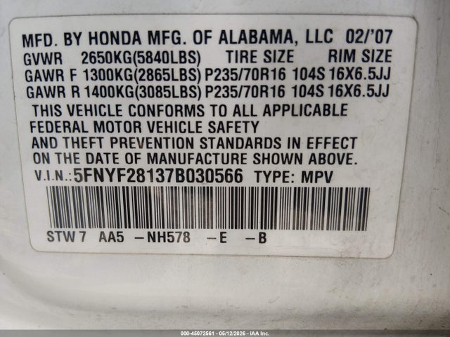 2007 Honda Pilot Lx მანქანა იყიდება აუქციონზე, vin: 5FNYF28137B030566, აუქციონის ნომერი: 45072561