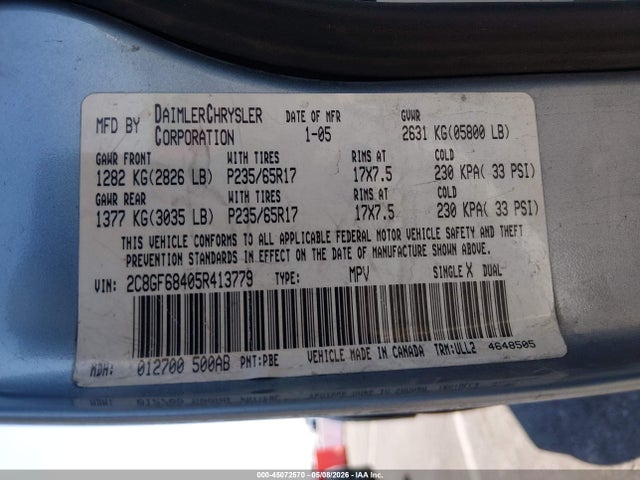 2005 Chrysler Pacifica Touring მანქანა იყიდება აუქციონზე, vin: 2C8GF68405R413779, აუქციონის ნომერი: 45072570