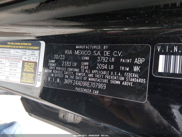 45072572 :رقم المزاد ، 3KPF24AD9RE707969 vin ، 2024 Kia Forte Lxs مزاد بيع
