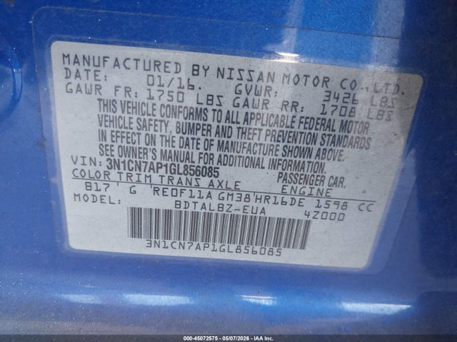 Продажа на аукционе авто 2016 Nissan Versa 1.6 Sv, vin: 3N1CN7AP1GL856085, номер лота: 45072575