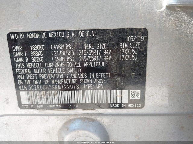 3CZRU6H59KM722978 Honda HR-V EX