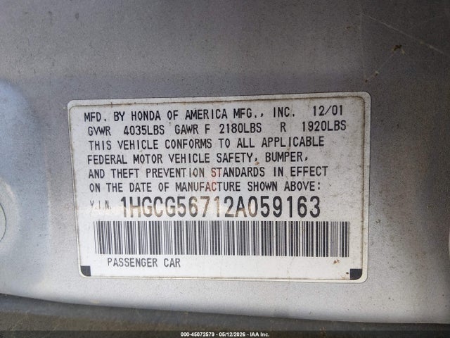 2002 Honda Accord 2.3 Se მანქანა იყიდება აუქციონზე, vin: 1HGCG56712A059163, აუქციონის ნომერი: 45072579