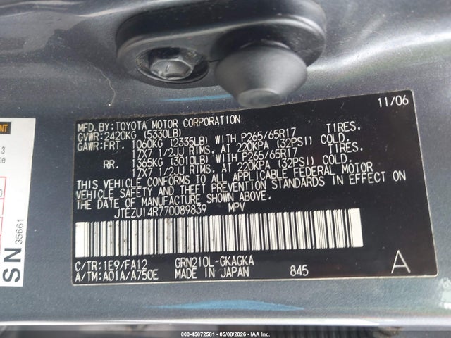 45072581 :رقم المزاد ، JTEZU14R770089839 vin ، 2007 Toyota 4runner Sr5 V6 مزاد بيع