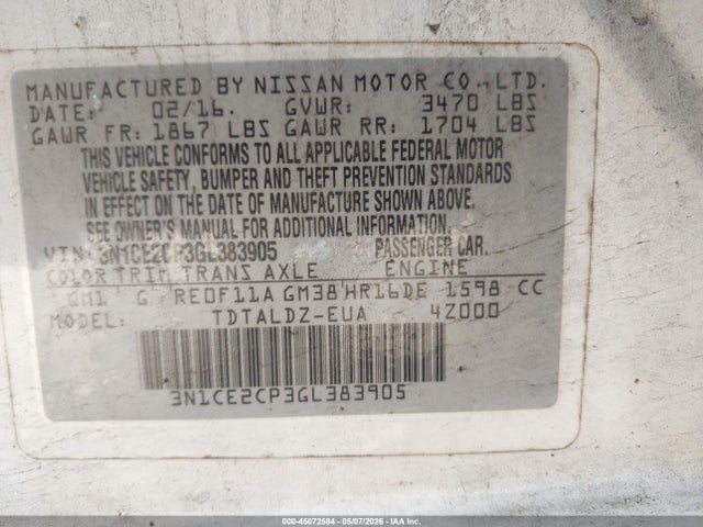 Auction sale of the 2016 Nissan Versa Note S (sr)/s Plus/sl/sr/sv, vin: 3N1CE2CP3GL383905, lot number: 45072584