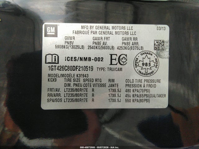45072588 :رقم المزاد ، 1GT426C80DF210519 vin ، 2013 Gmc Sierra 3500hd Denali مزاد بيع