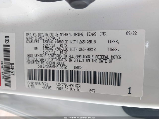 Aukcja sprzedaży 2022 Toyota Tundra Sr5, vin: 5TFLA5AB6NX018332, numer aukcji: 45072599