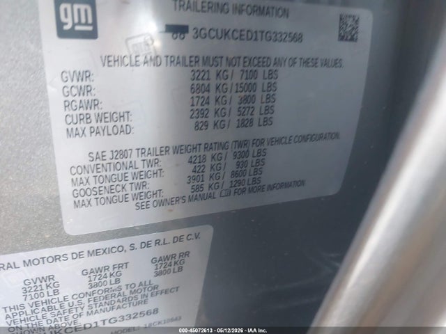Продаж на аукціоні авто 2026 Chevrolet Silverado 1500 4wd  Short Bed Custom Trail Boss, vin: 3GCUKCED1TG332568, номер лоту: 45072613