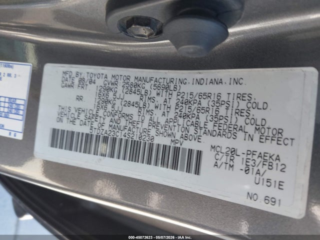 Auction sale of the 2004 Toyota Sienna Le, vin: 5TDZA23C14S210230, lot number: 45072623