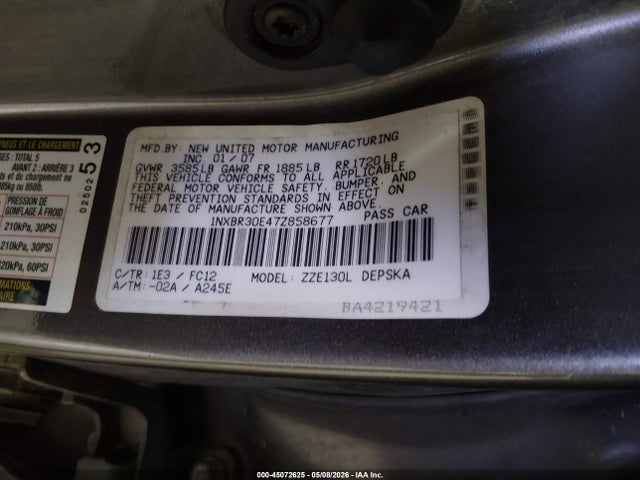 Aukcja sprzedaży 2007 Toyota Corolla S, vin: 1NXBR30E47Z858677, numer aukcji: 45072625