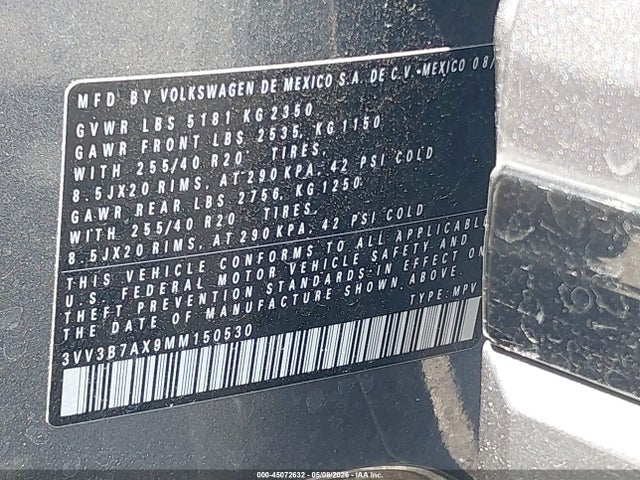 45072632 :رقم المزاد ، 3VV3B7AX9MM150530 vin ، 2021 Volkswagen Tiguan 2.0t Se/2.0t Se R-line Black/2.0t Sel مزاد بيع