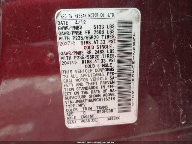 Продажа на аукционе авто 2012 Nissan Murano Le, vin: JN8AZ1MU9CW116218, номер лота: 45072645