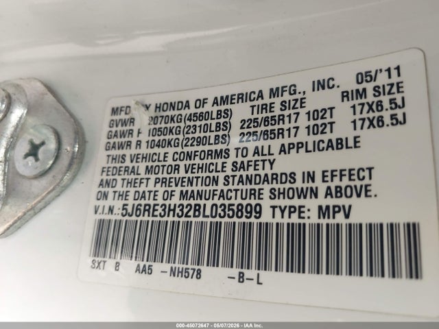45072647 :رقم المزاد ، 5J6RE3H32BL035899 vin ، 2011 Honda Cr-v Lx مزاد بيع