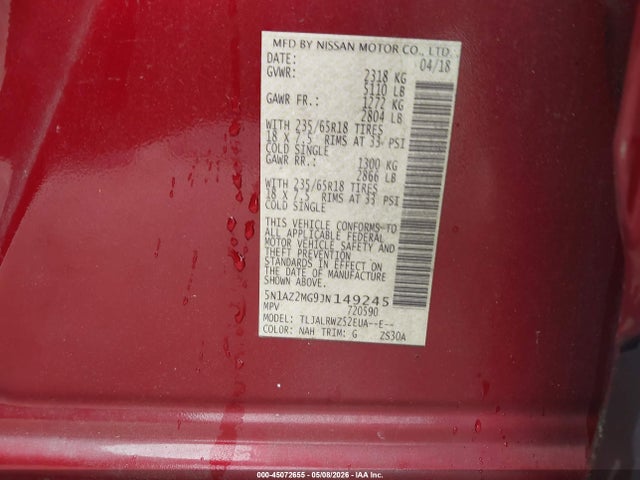 2018 Nissan Murano Sl მანქანა იყიდება აუქციონზე, vin: 5N1AZ2MG9JN149245, აუქციონის ნომერი: 45072655