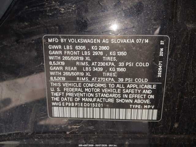 45072659 :رقم المزاد ، WVGEP9BP1ED015201 vin ، 2014 Volkswagen Touareg X مزاد بيع