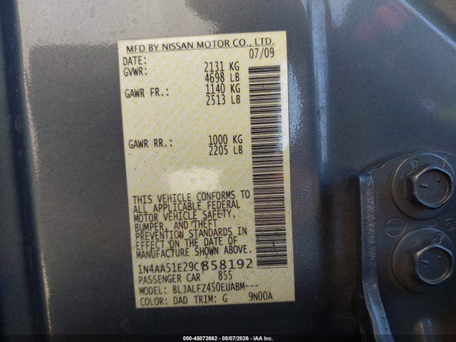45072662 :رقم المزاد ، 1N4AA51E29C858192 vin ، 2009 Nissan Maxima 3.5 Sv مزاد بيع