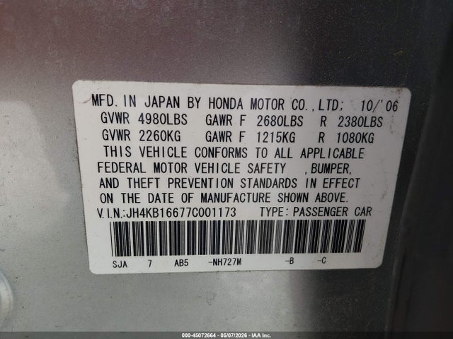 45072664 :رقم المزاد ، JH4KB16677C001173 vin ، 2007 Acura Rl 3.5 مزاد بيع