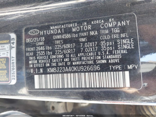 Продаж на аукціоні авто 2019 Hyundai Tucson Se, vin: KM8J23A40KU926696, номер лоту: 45072671