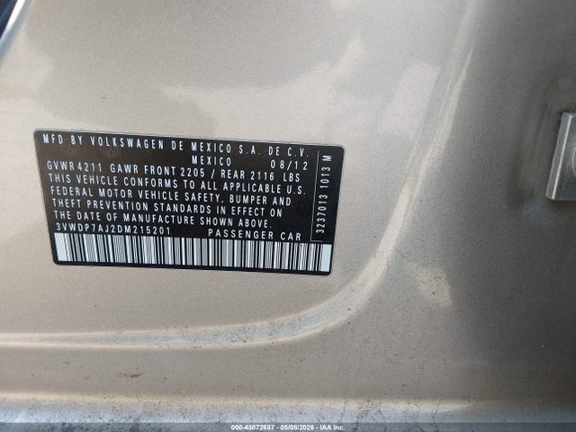 Продаж на аукціоні авто 2013 Volkswagen Jetta 2.5l Se, vin: 3VWDP7AJ2DM215201, номер лоту: 45072687