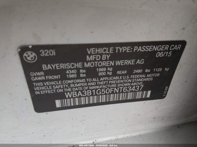 2015 Bmw 320i მანქანა იყიდება აუქციონზე, vin: WBA3B1G50FNT63437, აუქციონის ნომერი: 45072689
