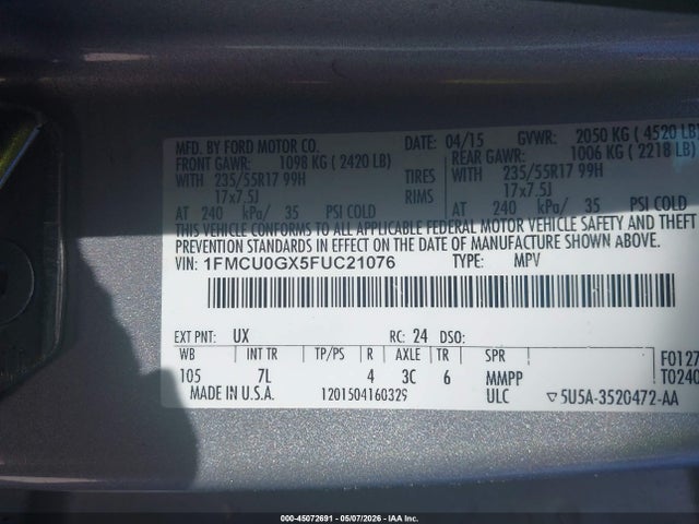 Продаж на аукціоні авто 2015 Ford Escape Se, vin: 1FMCU0GX5FUC21076, номер лоту: 45072691