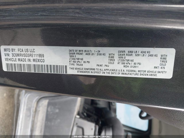 Aukcja sprzedaży 2024 Ram Promaster 3500 Cargo Van Tradesman Super High Roof 159 Wb Ext W/pass Seat, vin: 3C6MRVSG5RE111959, numer aukcji: 45072695
