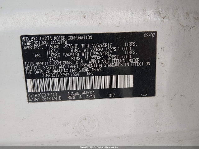 45072697 :رقم المزاد ، JTMZD31V975057334 vin ، 2007 Toyota Rav4 Limited مزاد بيع
