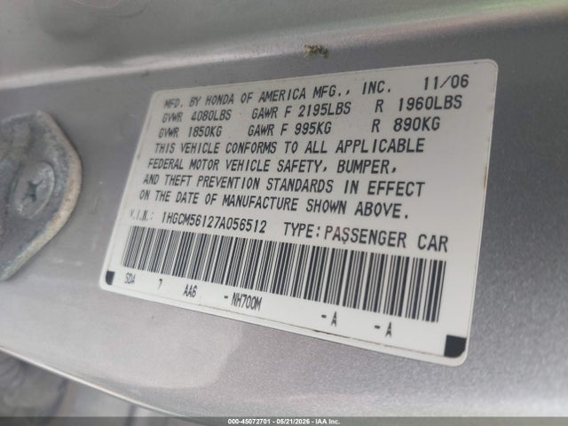 45072701 :رقم المزاد ، 1HGCM56127A056512 vin ، 2007 Honda Accord 2.4 Vp مزاد بيع