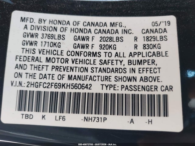 Aukcja sprzedaży 2019 Honda Civic Lx, vin: 2HGFC2F69KH560642, numer aukcji: 45072705