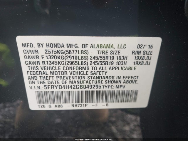 Продаж на аукціоні авто 2016 Acura Mdx Technology   Acurawatch Plus Packages/technology Package, vin: 5FRYD4H42GB049295, номер лоту: 45072706