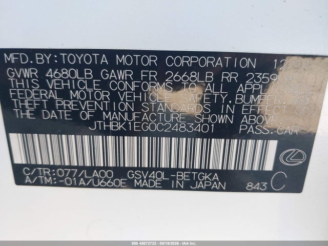 Aukcja sprzedaży 2012 Lexus Es 350, vin: JTHBK1EG0C2483401, numer aukcji: 45072722