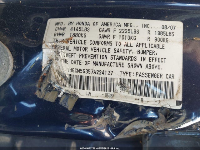 45072726 :رقم المزاد ، 1HGCM56357A224127 vin ، 2007 Honda Accord 2.4 Se مزاد بيع