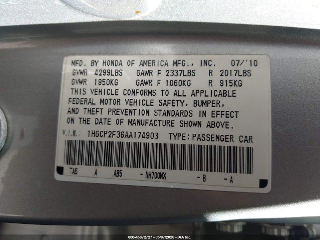 Продаж на аукціоні авто 2010 Honda Accord 2.4 Lx, vin: 1HGCP2F36AA174903, номер лоту: 45072727