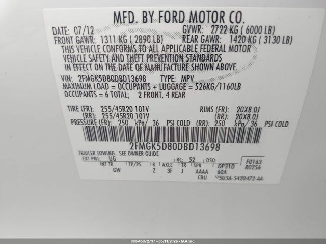 Продаж на аукціоні авто 2013 Ford Flex Limited, vin: 2FMGK5D80DBD13698, номер лоту: 45072737