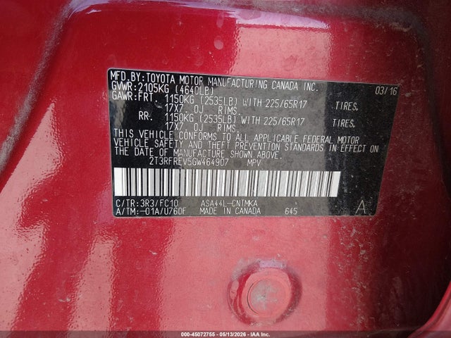 2T3RFREV5GW464907 Toyota Rav4 Xle