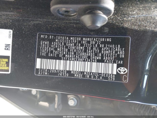 45072769 :رقم المزاد ، 5YFS4MCE8NP134246 vin ، 2022 Toyota Corolla Se مزاد بيع