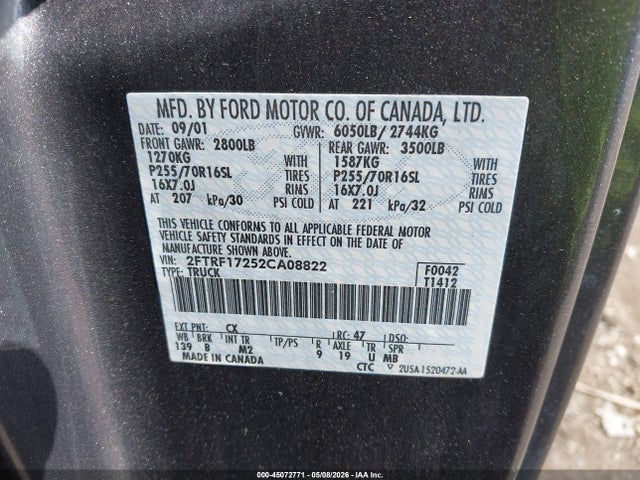 2002 Ford F-150 Xl/xlt მანქანა იყიდება აუქციონზე, vin: 2FTRF17252CA08822, აუქციონის ნომერი: 45072771