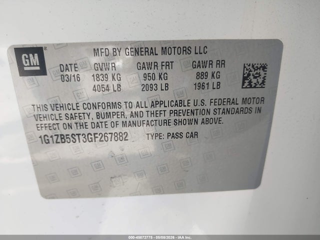 45072775 :رقم المزاد ، 1G1ZB5ST3GF267882 vin ، 2016 Chevrolet Malibu Ls مزاد بيع